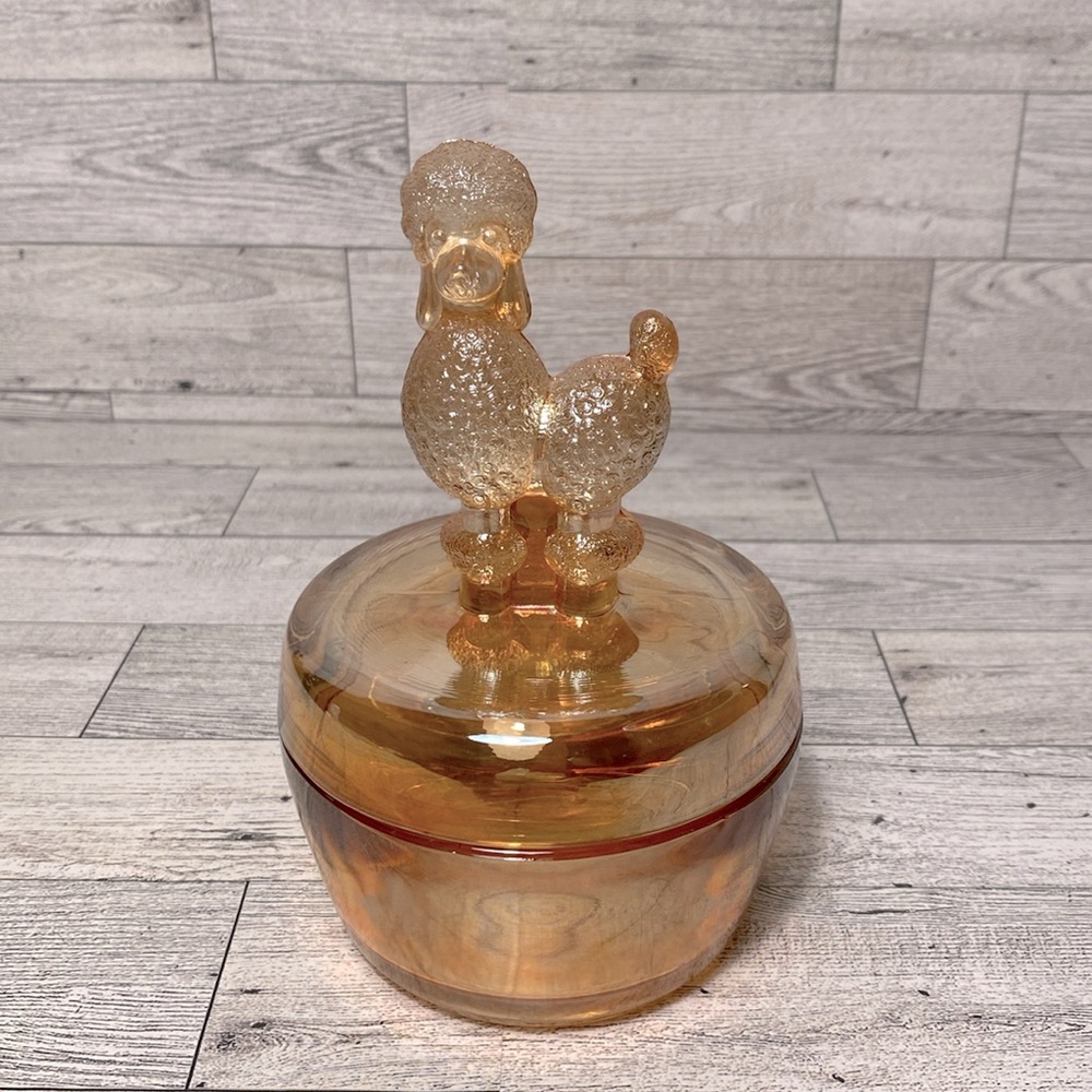 Vintage Jeanette Marigold Iridescent Carnival Glass Poodle Lidded Trinket Dish